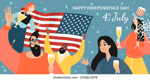 Vector banner for the Independence Day of the USA. Happy young people on the background of the American flag are drinking sparkling wine and having fun.