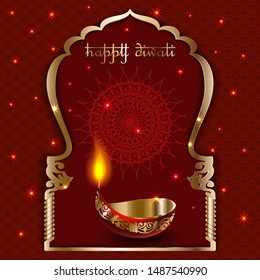 Vector banner India Diwali, Deepavali festival of lights, red background Dipavali with gold ornaments, fire glowing lamp, flashes and sparks, illustration.