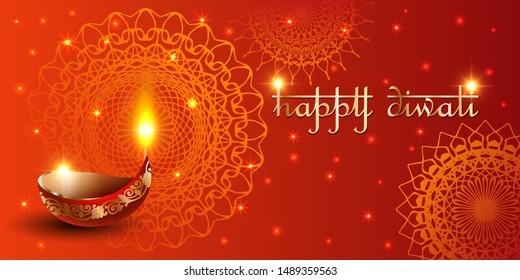 Vector banner India Diwali, Deepavali festival of lights, red background Dipavali with gold ornaments, fire glowing lamp, flashes and sparks, illustration.