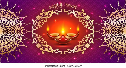 Vector banner India Diwali, Deepavali festival of lights, red background Dipavali with gold ornaments, fire glowing lamp, flashes and sparks, illustration.