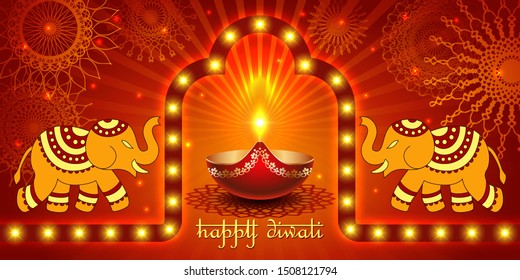 Vector banner India Diwali, Deepavali festival of lights, red background Dipavali with gold ornaments, elephants, fire glowing lamp, flashes and sparks, illustration.