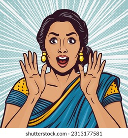 Vector Banner with Indian Woman, Wow Face, Holding Hands, Arms, Palms Near Her Cheeks in Pop Art Comic Style. Advertising Poster for Sale, Discount Placard, Flyer Card. Beautiful Surprised Woman