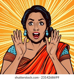 Vector Banner with Indian Woman, Wow Face, Holding Hands, Arms, Palms Near Her Cheeks in Pop Art Comic Style. Advertising Poster for Sale, Discount Placard, Flyer Card. Beautiful Surprised Woman