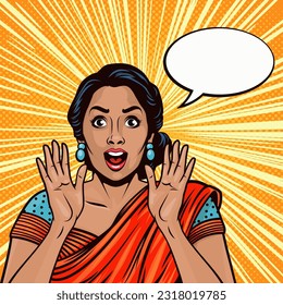 Vector Banner with Indian Woman, Wow Face, Holding Hands, Arms, Palms Near Her Cheeks in Pop Art Comic Style. Advertising Poster for Sale, Discount Placard, Flyer Card. Beautiful Surprised Woman