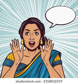 Vector Banner with Indian Woman, Wow Face, Holding Hands, Arms, Palms Near Her Cheeks in Pop Art Comic Style. Advertising Poster for Sale, Discount Placard, Flyer Card. Beautiful Surprised Woman