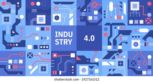 Vector banner of Industry 4.0 concept. Abstract pattern with microcircuits and chips interconnected. High-tech print with different circuit boards design. Vector illustration of computer science 