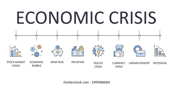 Vector banner infographics economic crisis. Editable stroke. Causes and consequences of financial crises. stock market crash health unemployment recession economic bubble bank run inflation currency c