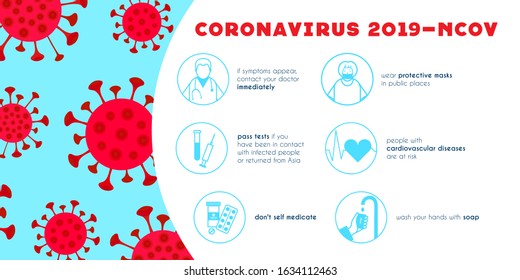 vector banner with information and infographics about the Chinese coronovirus 2019-ncov. flat illustration of the virus and icons about measures to prevent infection with the virus. covid-2019