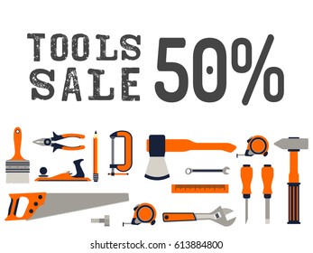 Vector banner informing about the beginning of the sale. Illustration with hand tools and inscription drawn in a flat style isolated on white background