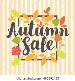 Vector banner with the inscription Autumn sale. Can be used for leaflets, banners or posters. Vector illustration with colorful autumn leaves on the striped background