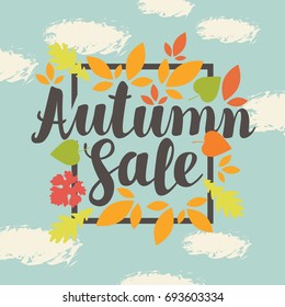 Vector banner with the inscription Autumn sale. Can be used for leaflets, banners or posters. Vector illustration with colorful autumn leaves on the blue sky background with clouds