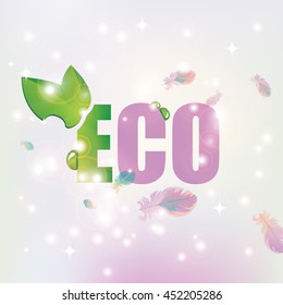 vector banner with the inscription Eco with leaves and dew on the background of feathers and highlights