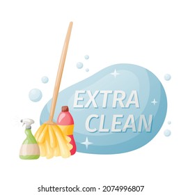 Vector banner with the inscription extra clean and illustrations of a mop and detergents.