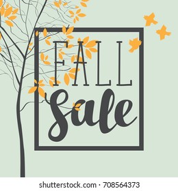 Vector banner with the inscription fall sale. Autumn landscape with autumn leaves on the branches of trees in a Park or forest and sparrows. Can be used for flyers, banners or posters.