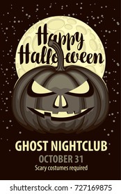 Vector banner with inscription happy halloween and a spooky pumpkin on the background of full moon