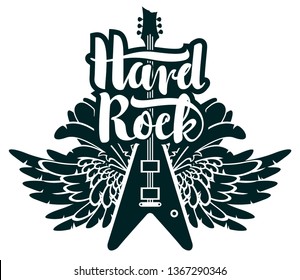 Vector banner with inscription Hard rock, with electric guitar and wings. Black and white illustration, can be used for flyers, posters, t-shirt design, tattoo, icon, logo
