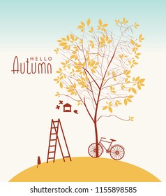 Vector banner with inscription Hello Autumn. Fall landscape with yellowed tree, bike, cat, birds, birdhouse and ladder
