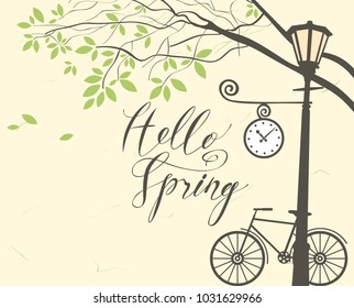 Vector banner with inscription Hello Spring. Spring landscape with green tree in the park, bicycle and Clock on the lamp post
