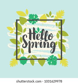 Vector banner with the inscription Hello Spring. Can be used for flyers, banners or posters. Vector illustration with different green leaves on blue background with white doodle