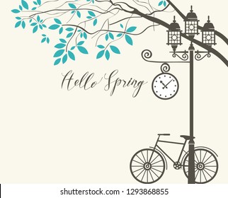 Vector banner with inscription Hello Spring. Spring landscape with green tree in the park, bicycle and Clock on the lamp post