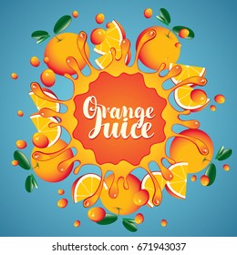 Vector Banner With Inscription Orange Juice. Whole Oranges And Slices Arranged In A Circle And Squirt Juice On Blue Background