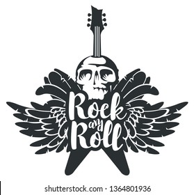 Vector banner with inscription Rock and roll, with electric guitar, wings and human skull. Black and white illustration, can be used for flyers, posters, t-shirt design, tattoo, icon, logo
