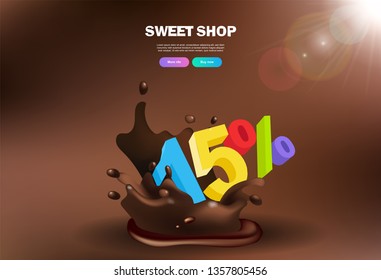 vector banner Inscription sale 15% falls in liquid chocolate with splashes