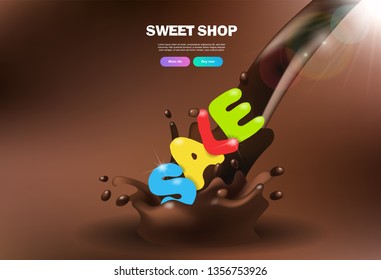 vector banner Inscription sale falls in a jet of liquid chocolate with splashes