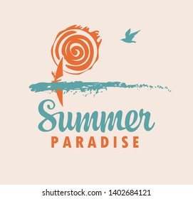 Vector banner with inscription Summer Paradise. Summer travel icon or logo with sea, sun, seagull and surfer