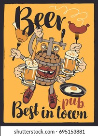 Vector banner with inscriptions Beer pub, Best beer in town. Illustration in a flat style with a fun beer monster in the form of a barrel which holds the glasses with beer and various food
