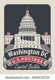 Vector Anuncio con inscripciones y la Imagen del Capitolio de Estados Unidos en Washington DC. Edificio del Capitolio de la Ilustración vectorial en Washington en estilo retro