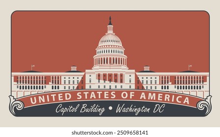 Vector Anuncio con inscripciones y la Imagen del Capitolio de Estados Unidos en Washington DC en estilo retro