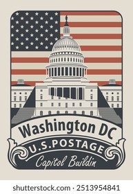 Banner vetorial com inscrições e a imagem do Capitólio dos EUA em Washington DC. Ilustração vetorial do Edifício do Capitólio em Washington sobre o fundo da bandeira americana