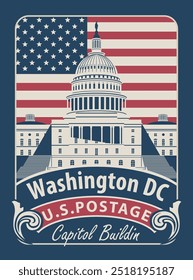 Banner vetorial com inscrições e a imagem do Capitólio dos EUA em Washington DC. Ilustração vetorial do Edifício do Capitólio em Washington sobre o fundo da bandeira americana