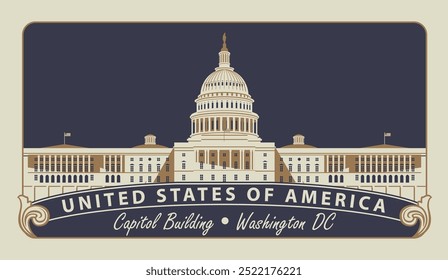 Banner vetorial com inscrições e a imagem do Capitólio dos EUA em Washington DC em estilo retrô