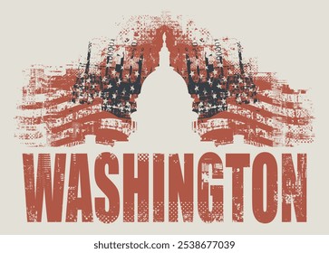 Banner vetorial com inscrições e a imagem do Capitólio dos EUA em Washington DC em estilo grunge. Ilustração vetorial do Edifício do Capitólio em Washington sobre o fundo da bandeira americana