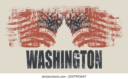 Banner vetorial com inscrições e a imagem do Capitólio dos EUA em Washington DC em estilo grunge. Ilustração vetorial do Edifício do Capitólio em Washington sobre o fundo da bandeira americana