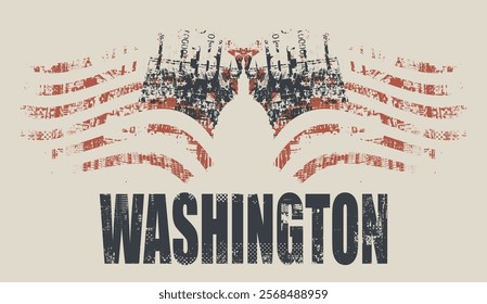 Vector banner with inscriptions and the image of the USA Capitol in Washington DC in grunge style. Vector illustration Capitol Building in Washington on the background of american flag