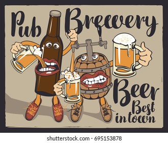 Vector banner with inscriptions pub, brewery, beer, best in the town. Illustration in a flat style with a cheerful beer bottle and barrel, which hold the glasses with beer