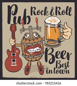Vector banner with inscriptions Rock-n-roll pub, best beer in town. Illustration in a flat style with a fun beer monster in the form of a barrel that holds a guitar and a full glass of beer