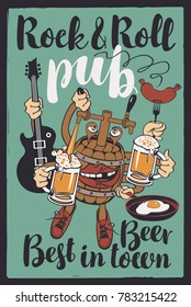 Vector banner with inscriptions Rock-n-roll pub, best beer in town. Illustration with a fun beer monster in the form of a barrel that holds the glasses with beer, guitar and various food