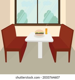 Pancarta vectorial con el interior de un restaurante americano con hamburguesa y bebida en un estilo plano. Pancarta de comida rápida