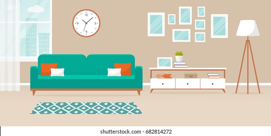 Vector banner with interior of the living room. Design of a cozy room with sofa, floor lamp, stand, window and decor accessories. 