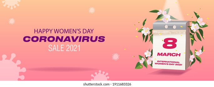 Vector banner for International Women's Day on March 8 in connection with the coronavirus. Calendar in white spring colors. Home delivery. Concept of blooming flowers discounts on promotions