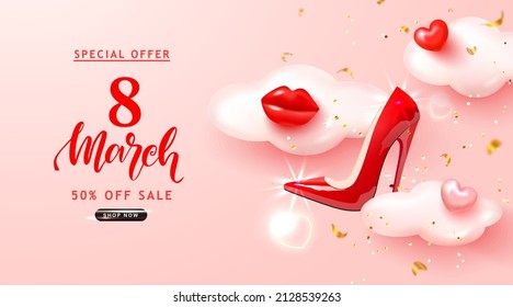 Vector banner for International Women's Day on March 8. Poster, card, web banner for womens day with 3D red shoe,lips,clouds,hearts and flying serpentine.