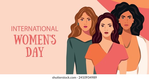 Vector banner for International Women's Day, spring women of different cultures and nationalities. Vector concept of movement for gender equality and women's empowerment