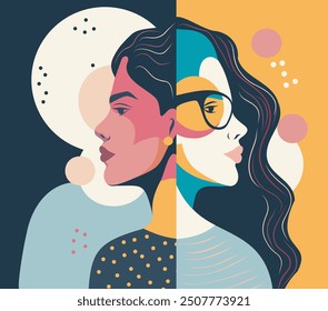 Vector banner for International Women's Day, women of different cultures and nationalities. Vector banner memphis abstract concept of movement for gender equality and women's empowerment