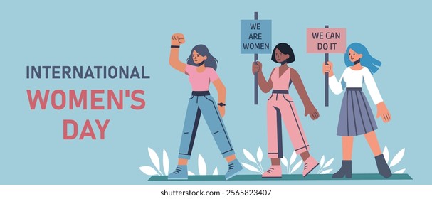 Vector banner for International Women's Day. Women feminist activists of different skin colors go together to protest for equality, empowerment and opportunities. For women's projects, websites