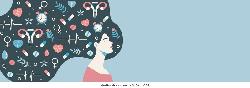 Vector banner International Women's Health Day. Woman with long hair and elements of health medicine, uterus, flowers, heart, clock, emphasizing women's awareness of mental health. For health projects