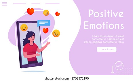 Vector banner of internet social communication concept. Character friendly woman says positive comments in online chat on smartphone screen. Positive emotions, comfort and safe in social networks